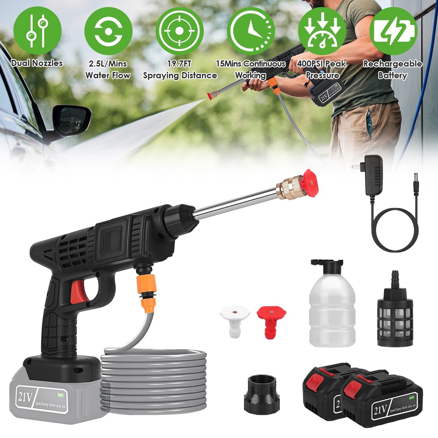 Cordless 300W Pressure Washer, 400 PSI Portable Power Cleaner with Foam Bottle