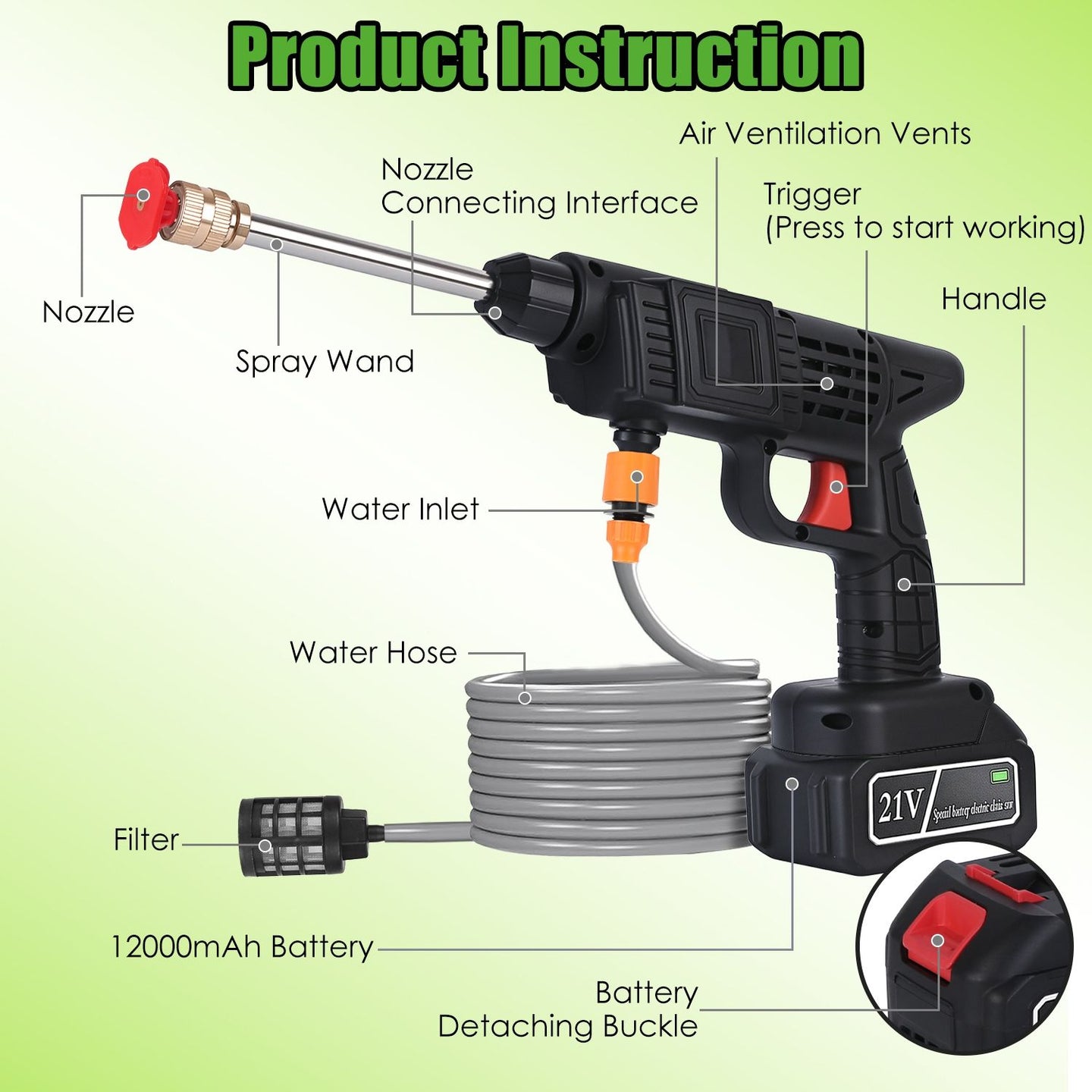 Cordless 300W Pressure Washer, 400 PSI Portable Power Cleaner with Foam Bottle