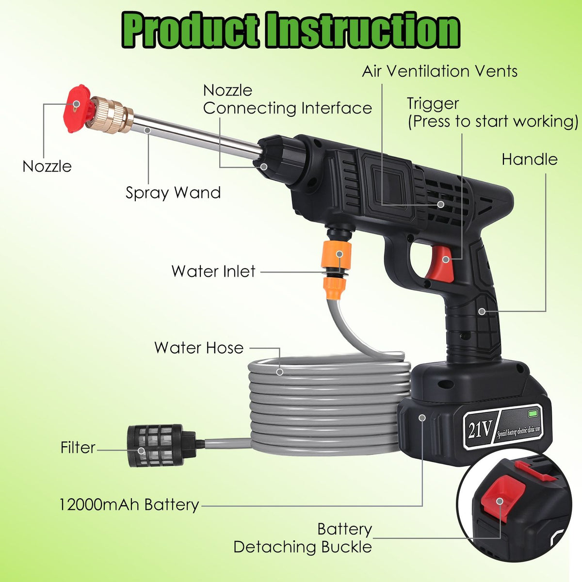 300W Cordless Pressure Washer 400PSI, 3-4H Charging 15Mins Working Time, Handheld Power Washer with Foam Bottle & Adjustable Nozzles for Multi-Scene Cleaning
