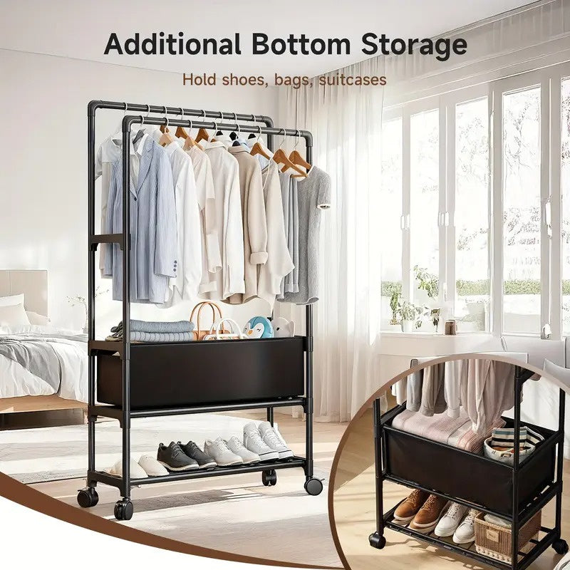 Metal Freestanding Coat Rack with Baskets & Rolling Shoe Organizer