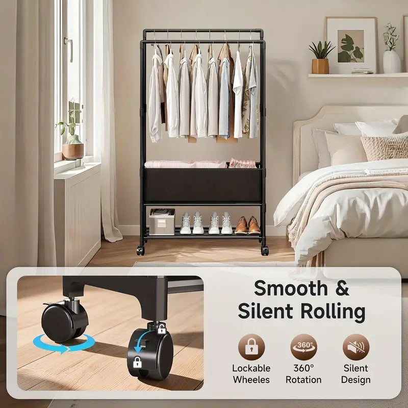 Metal Freestanding Coat Rack with Baskets & Rolling Shoe Organizer