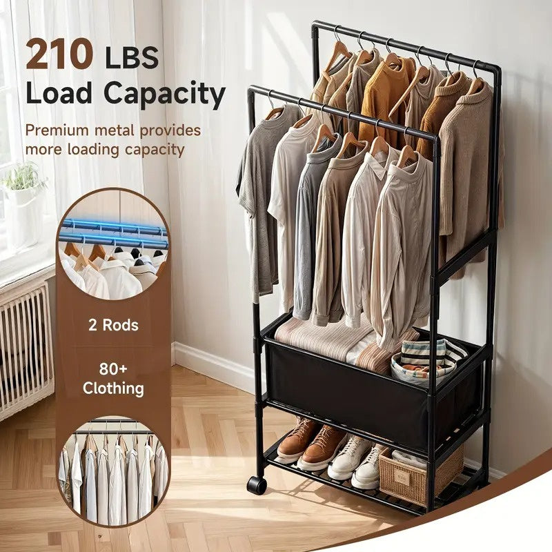 Metal Freestanding Coat Rack with Baskets & Rolling Shoe Organizer