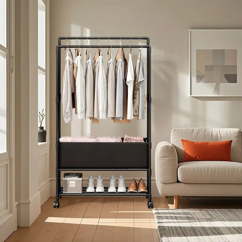 Metal Freestanding Coat Rack with Baskets & Rolling Shoe Organizer