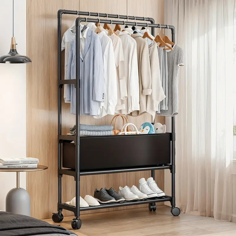 Metal Freestanding Coat Rack with Baskets & Rolling Shoe Organizer