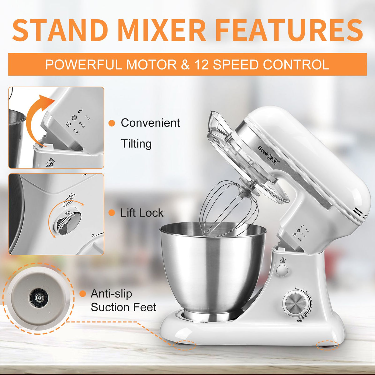 4.8QT Electric Stand Mixer – 12-Speed Tilt-Head with Dough Hook, Whisk & Beater, White