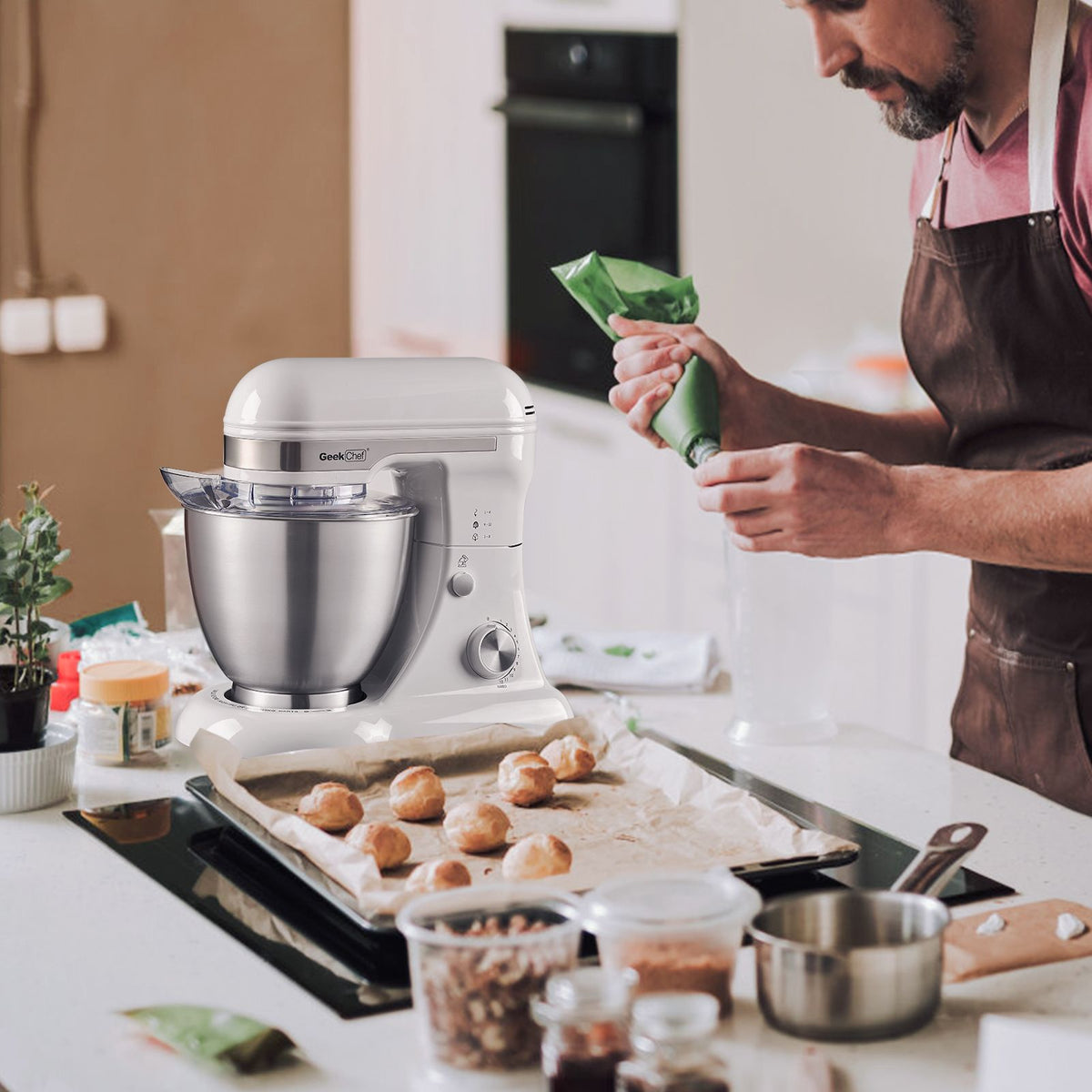 4.8QT Electric Stand Mixer – 12-Speed Tilt-Head with Dough Hook, Whisk & Beater, White
