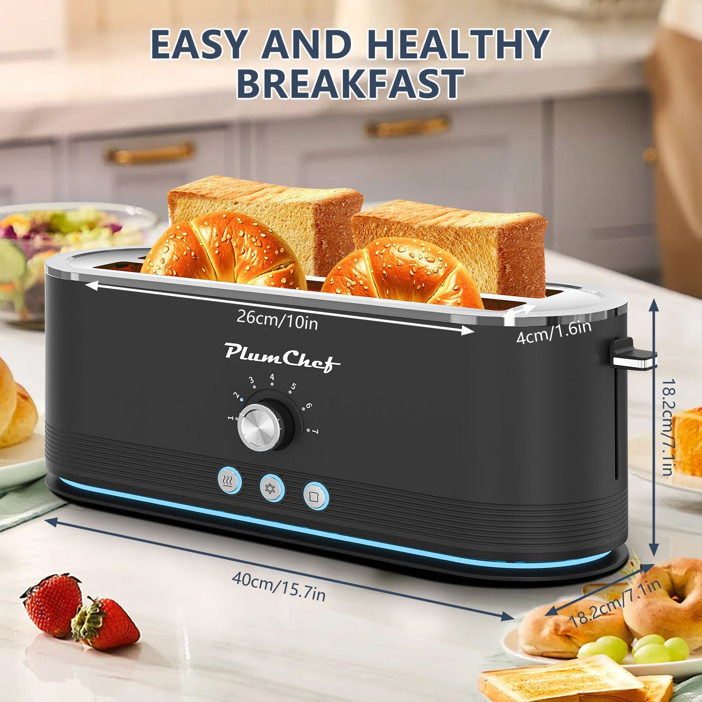 4-Slice Toaster, 7 Browning Settings, Defrost/Reheat Functions, Removable Crumb Tray, Full body Stainless Steel Housing, Anti-Fingerprint, Anti-Jam, 1350W, Black