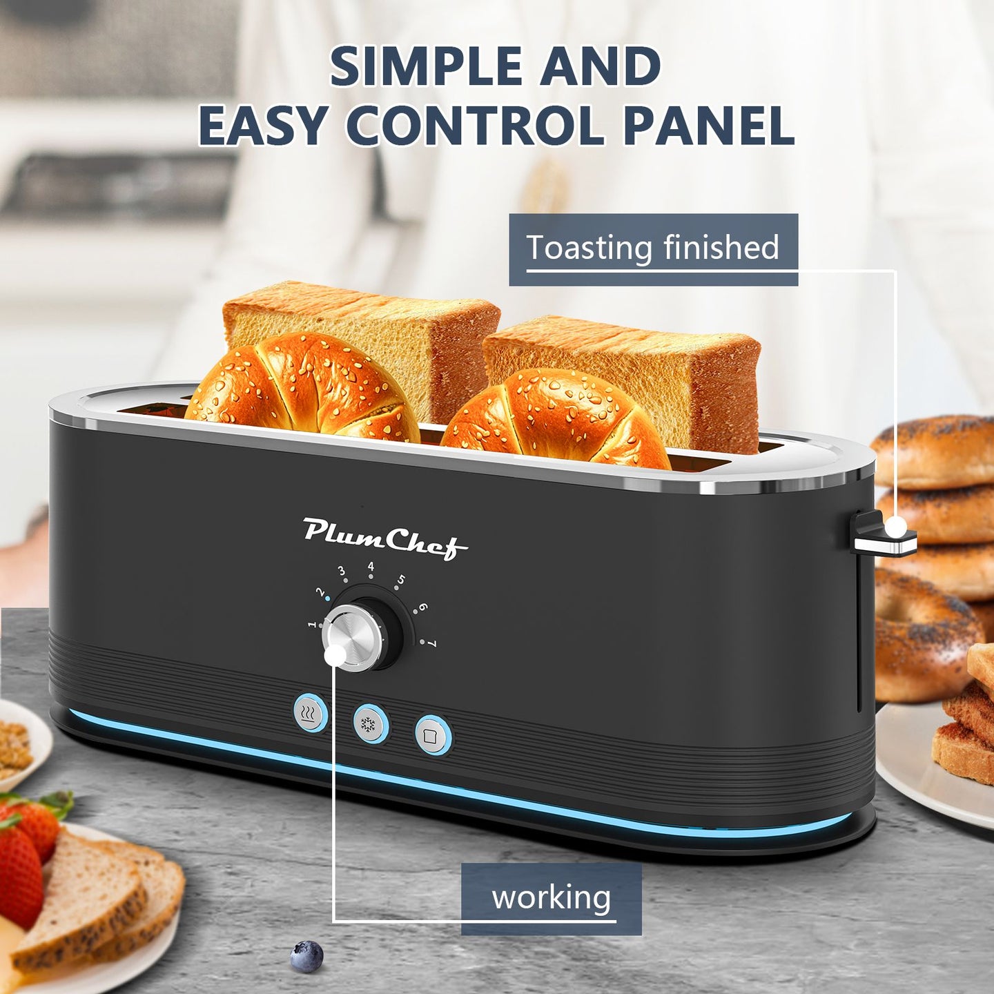 4-Slice Toaster, 7 Browning Settings, Defrost/Reheat Functions, Removable Crumb Tray, Full body Stainless Steel Housing, Anti-Fingerprint, Anti-Jam, 1350W, Black