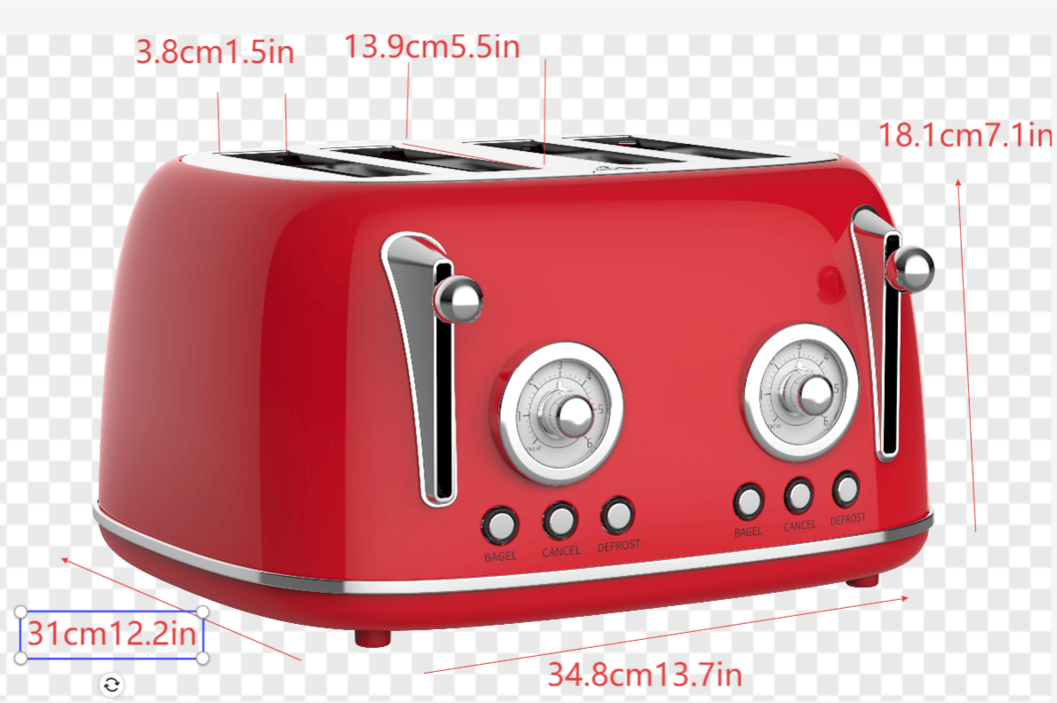 Red Retro 4-Slice Toaster with Warming Rack, Dual Control & 6 Browning Settings