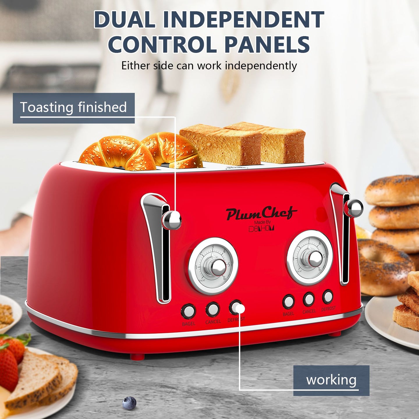 Red Retro 4-Slice Toaster with Warming Rack, Dual Control & 6 Browning Settings