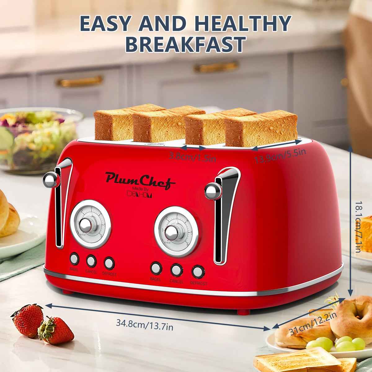 4 Slice Retro Style Toaster, Dual Control Toaster with Warming Rack, 6 Browning Settings, Bagel/Defrost Functions, Removable Crumb Tray, Stainless Steel Housing 1650W, Red