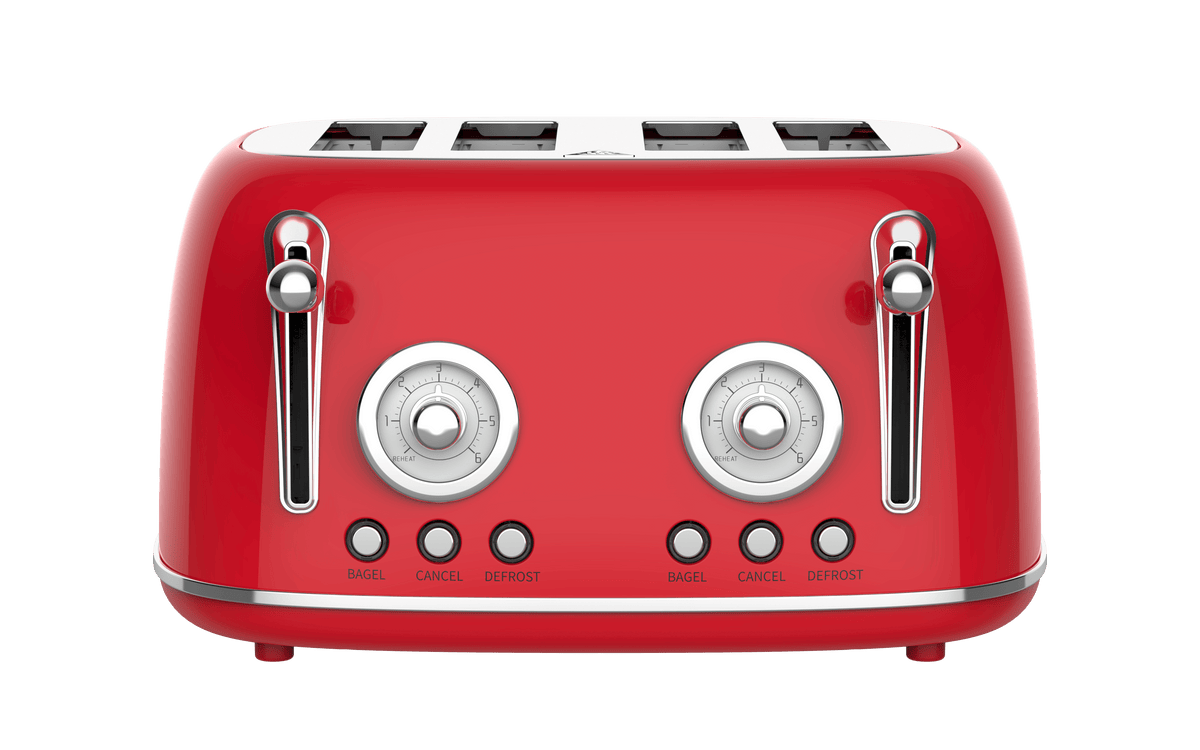 4 Slice Retro Style Toaster, Dual Control Toaster with Warming Rack, 6 Browning Settings, Bagel/Defrost Functions, Removable Crumb Tray, Stainless Steel Housing 1650W, Red