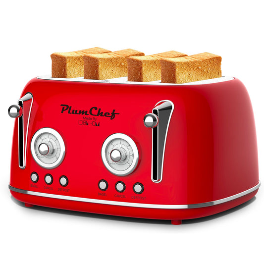 Red Retro 4-Slice Toaster with Warming Rack, Dual Control & 6 Browning Settings