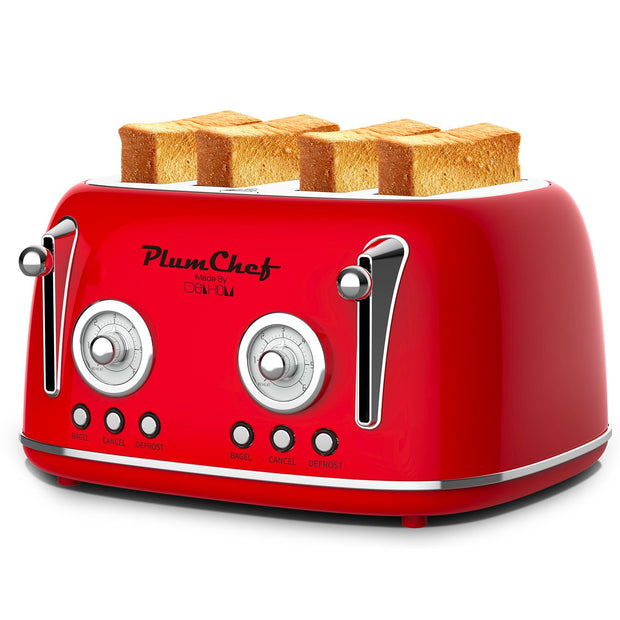 4 Slice Retro Style Toaster, Dual Control Toaster with Warming Rack, 6 Browning Settings, Bagel/Defrost Functions, Removable Crumb Tray, Stainless Steel Housing 1650W, Red