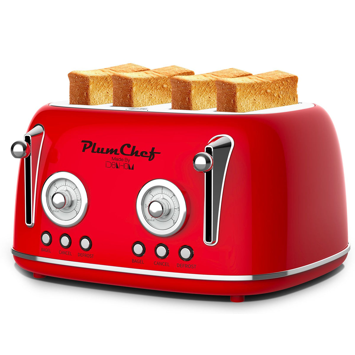 4 Slice Retro Style Toaster, Dual Control Toaster with Warming Rack, 6 Browning Settings, Bagel/Defrost Functions, Removable Crumb Tray, Stainless Steel Housing 1650W, Red