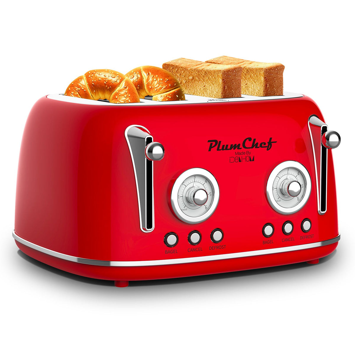4 Slice Retro Style Toaster, Dual Control Toaster with Warming Rack, 6 Browning Settings, Bagel/Defrost Functions, Removable Crumb Tray, Stainless Steel Housing 1650W, Red