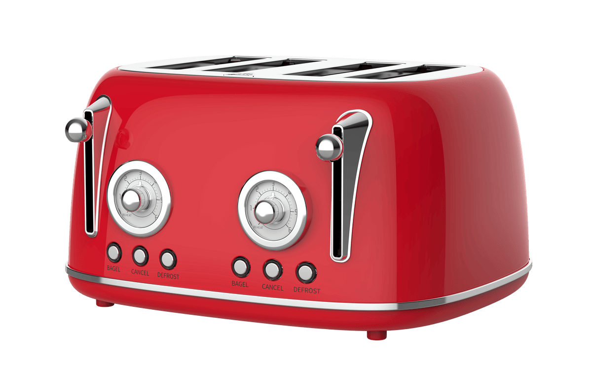4 Slice Retro Style Toaster, Dual Control Toaster with Warming Rack, 6 Browning Settings, Bagel/Defrost Functions, Removable Crumb Tray, Stainless Steel Housing 1650W, Red