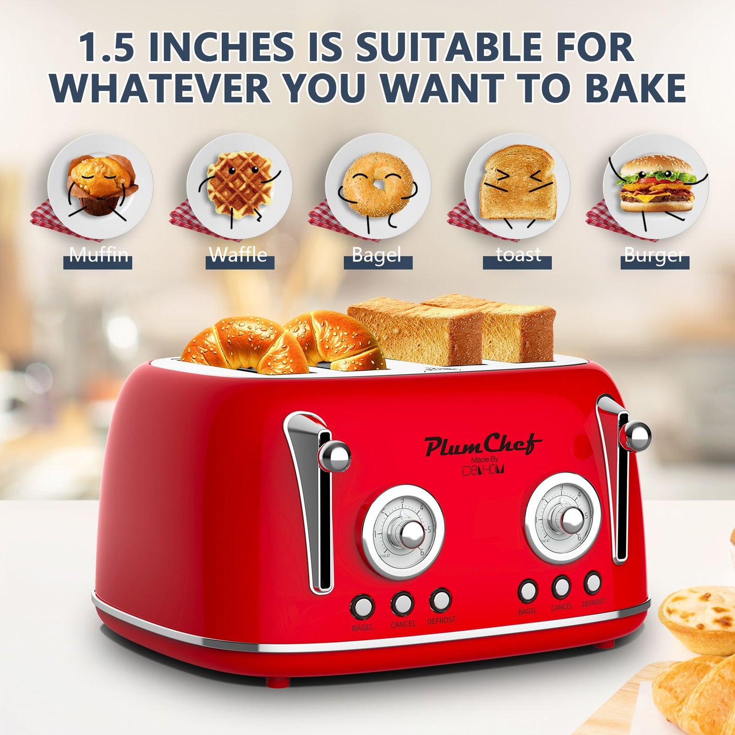 Red Retro 4-Slice Toaster with Warming Rack, Dual Control & 6 Browning Settings