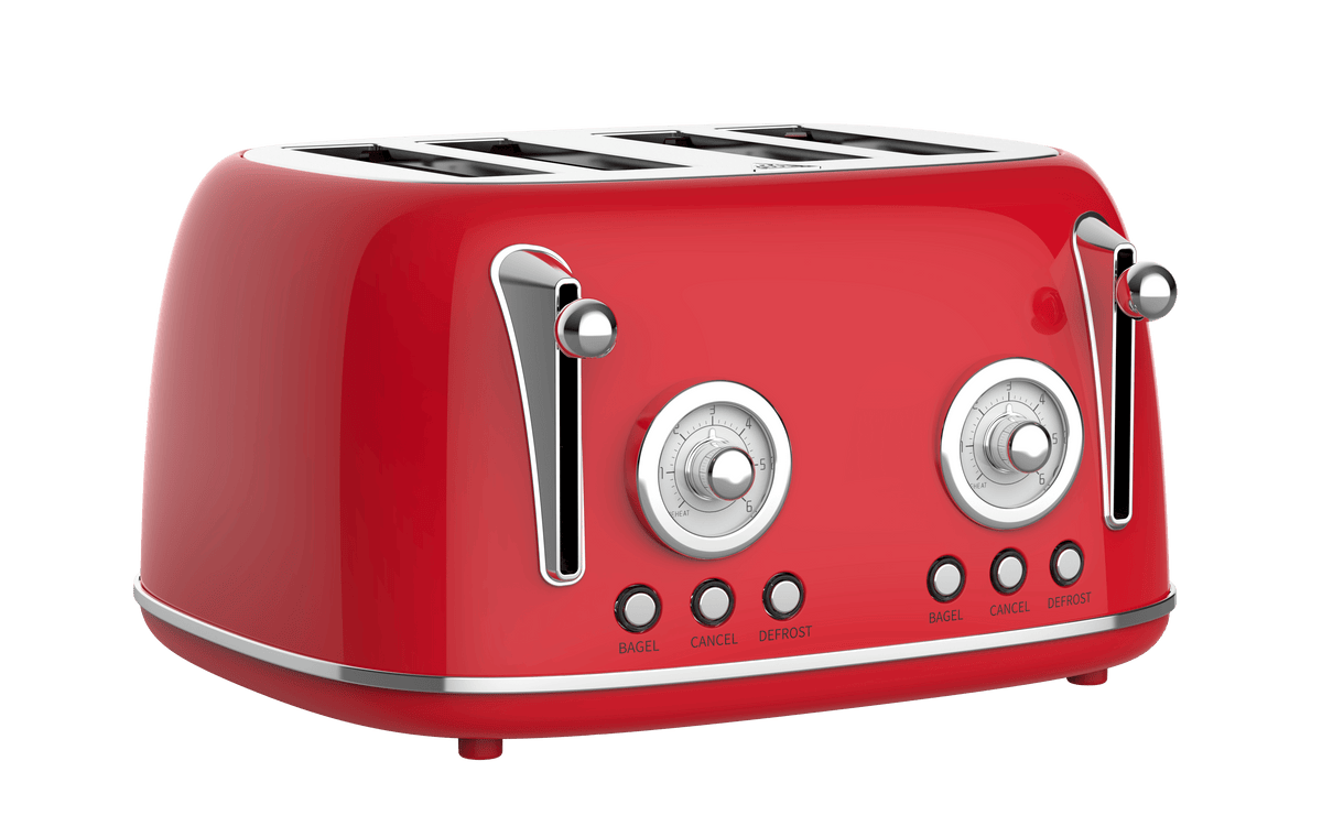 4 Slice Retro Style Toaster, Dual Control Toaster with Warming Rack, 6 Browning Settings, Bagel/Defrost Functions, Removable Crumb Tray, Stainless Steel Housing 1650W, Red