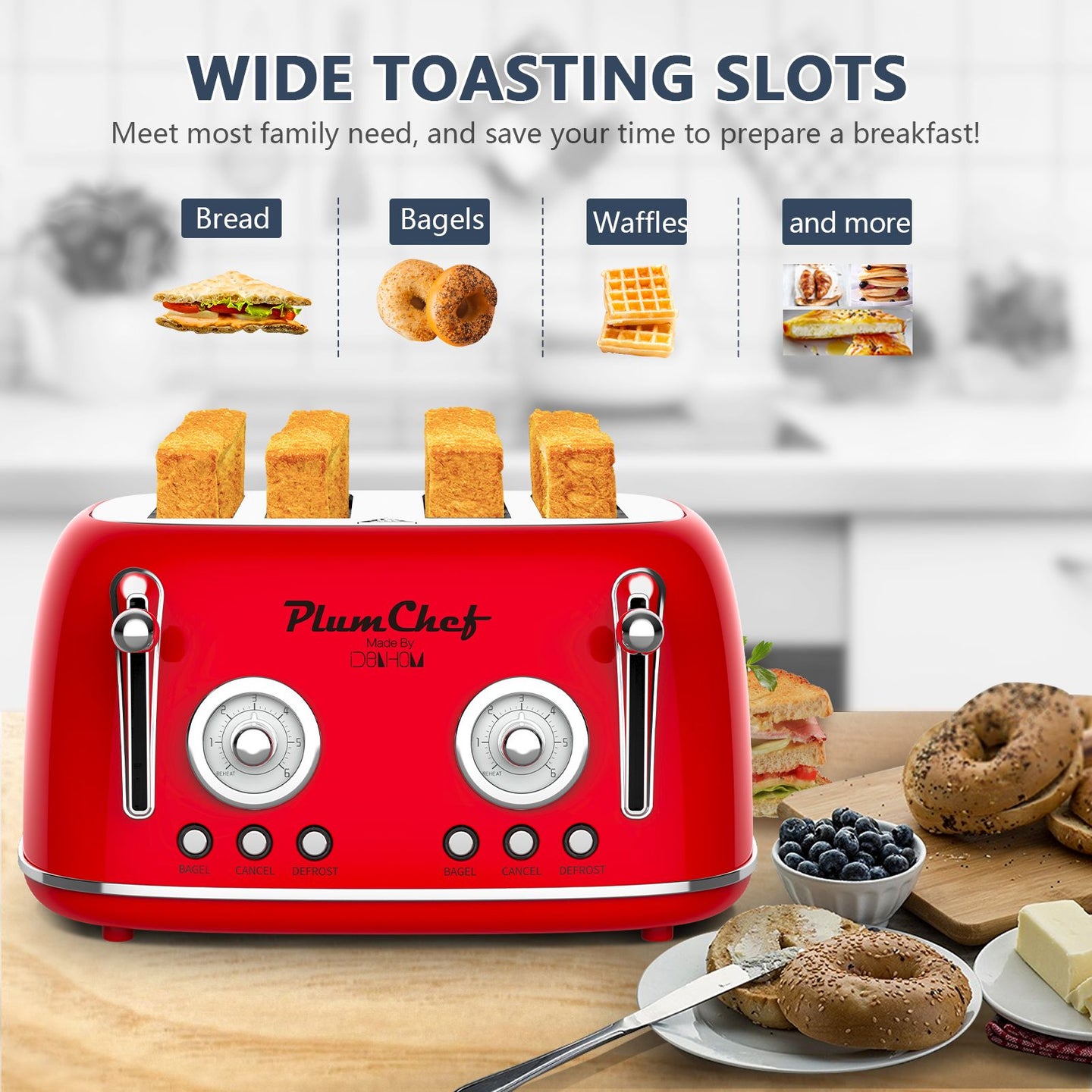 Red Retro 4-Slice Toaster with Warming Rack, Dual Control & 6 Browning Settings