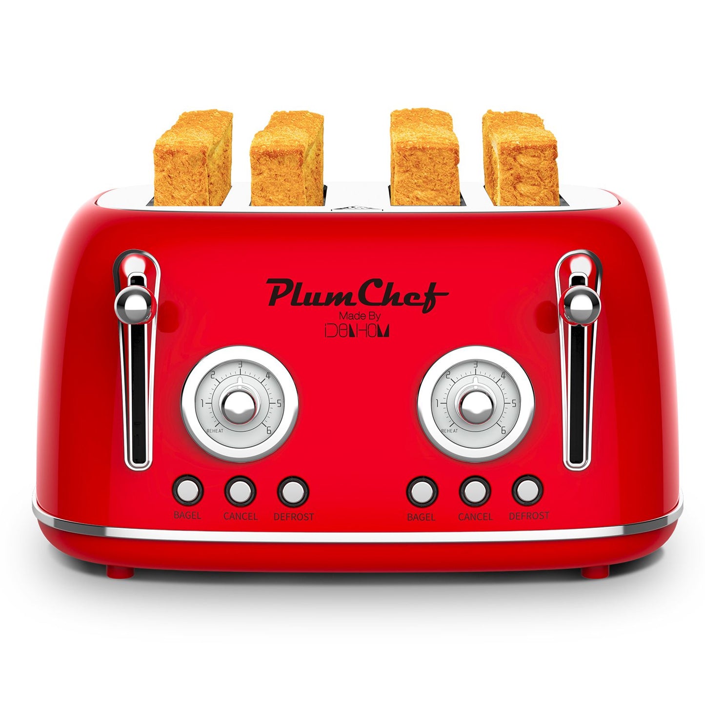 Red Retro 4-Slice Toaster with Warming Rack, Dual Control & 6 Browning Settings