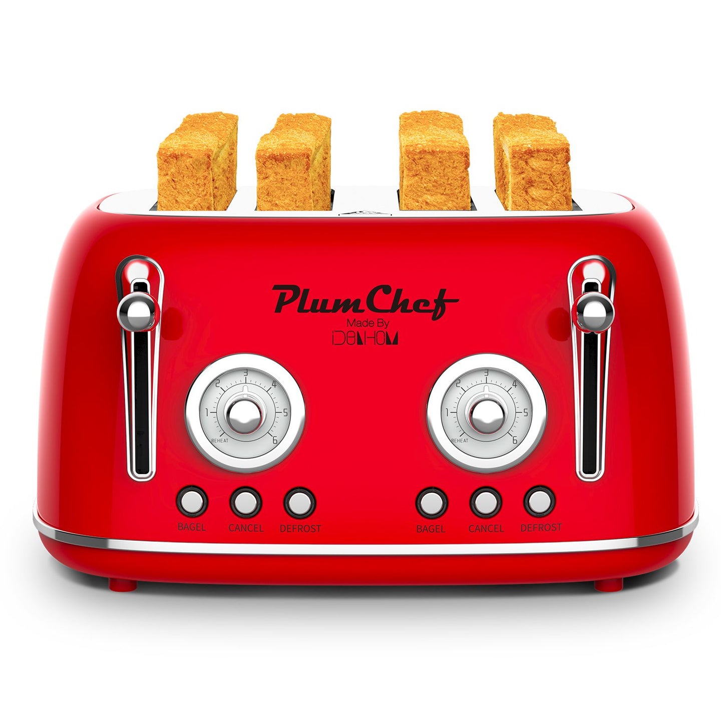 Red Retro 4-Slice Toaster with Warming Rack, Dual Control & 6 Browning Settings