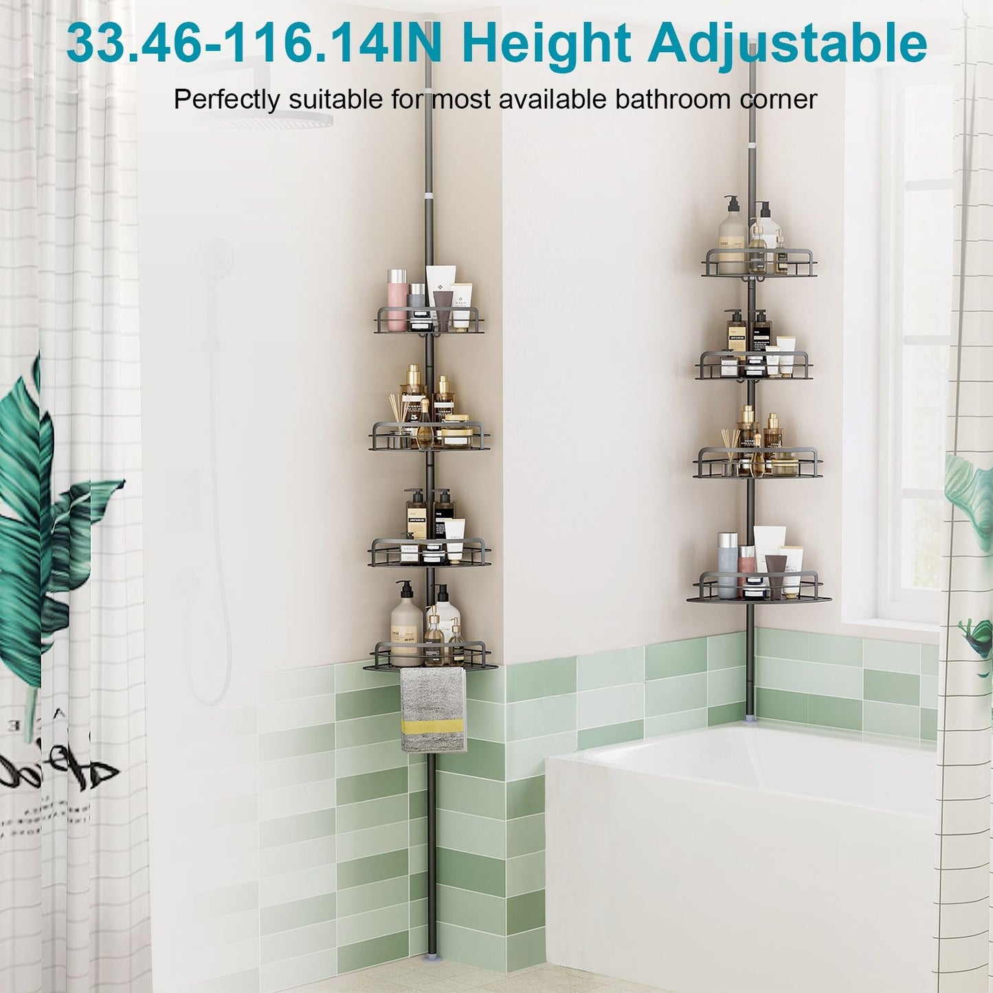 4-Tier Corner Shower Caddy Tension Pole, Adjustable Rust-Free Bathroom Organizer, Drill-Free, Black
