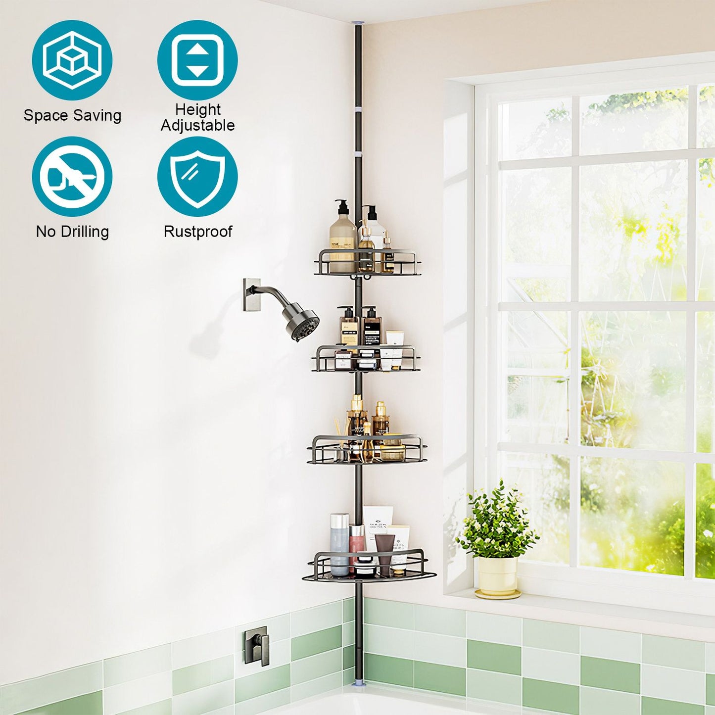 4-Tier Corner Shower Caddy Tension Pole, Adjustable Rust-Free Bathroom Organizer, Drill-Free, Black