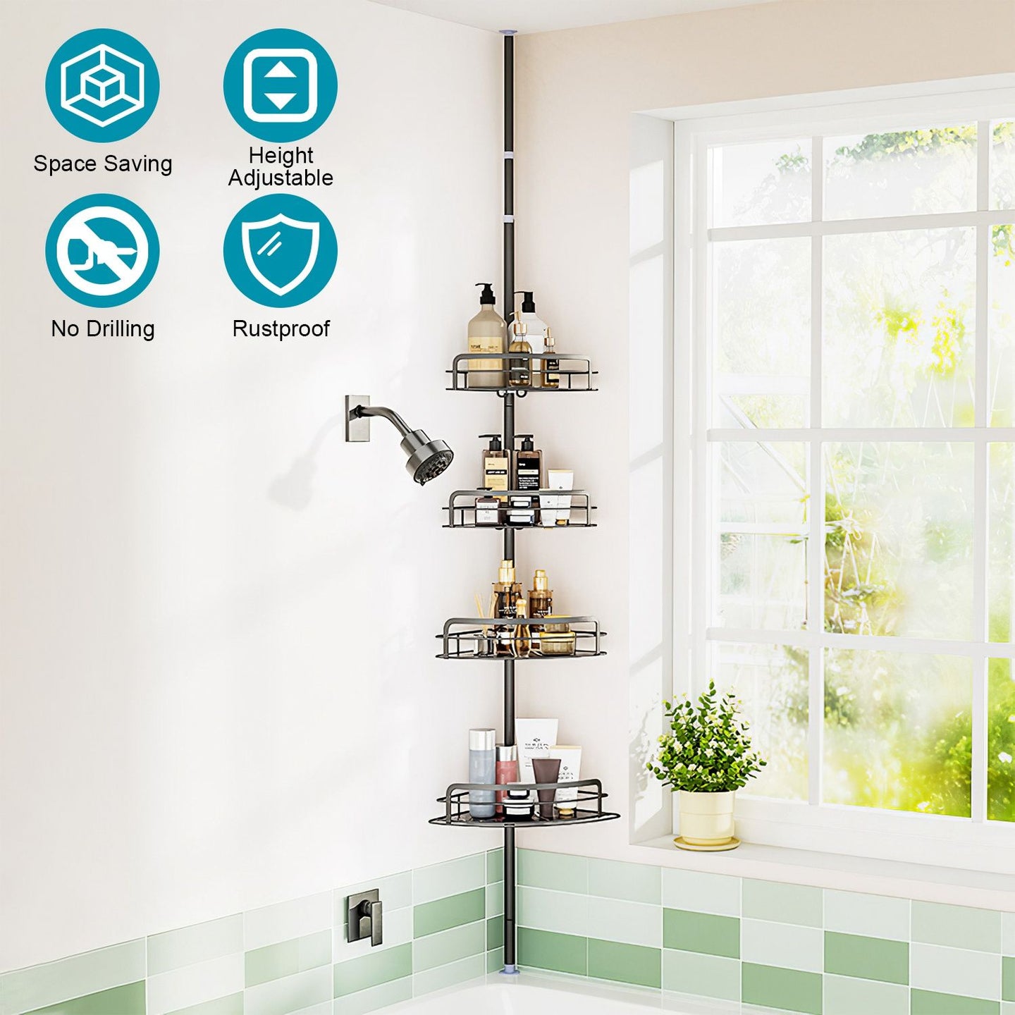 4-Tier Corner Shower Caddy Tension Pole, Adjustable Rust-Free Bathroom Organizer, Drill-Free, Black
