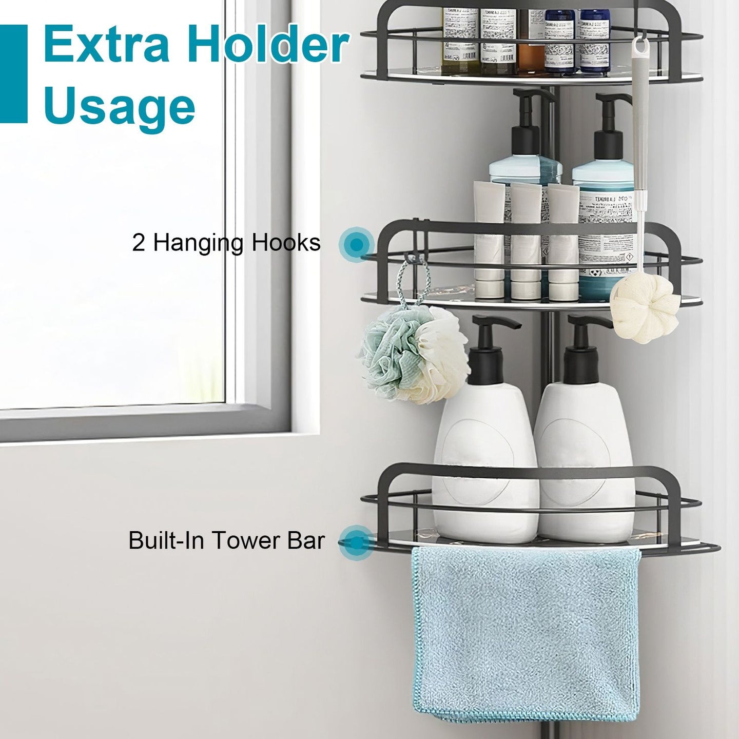 4-Tier Corner Shower Caddy Tension Pole, Adjustable Rust-Free Bathroom Organizer, Drill-Free, Black
