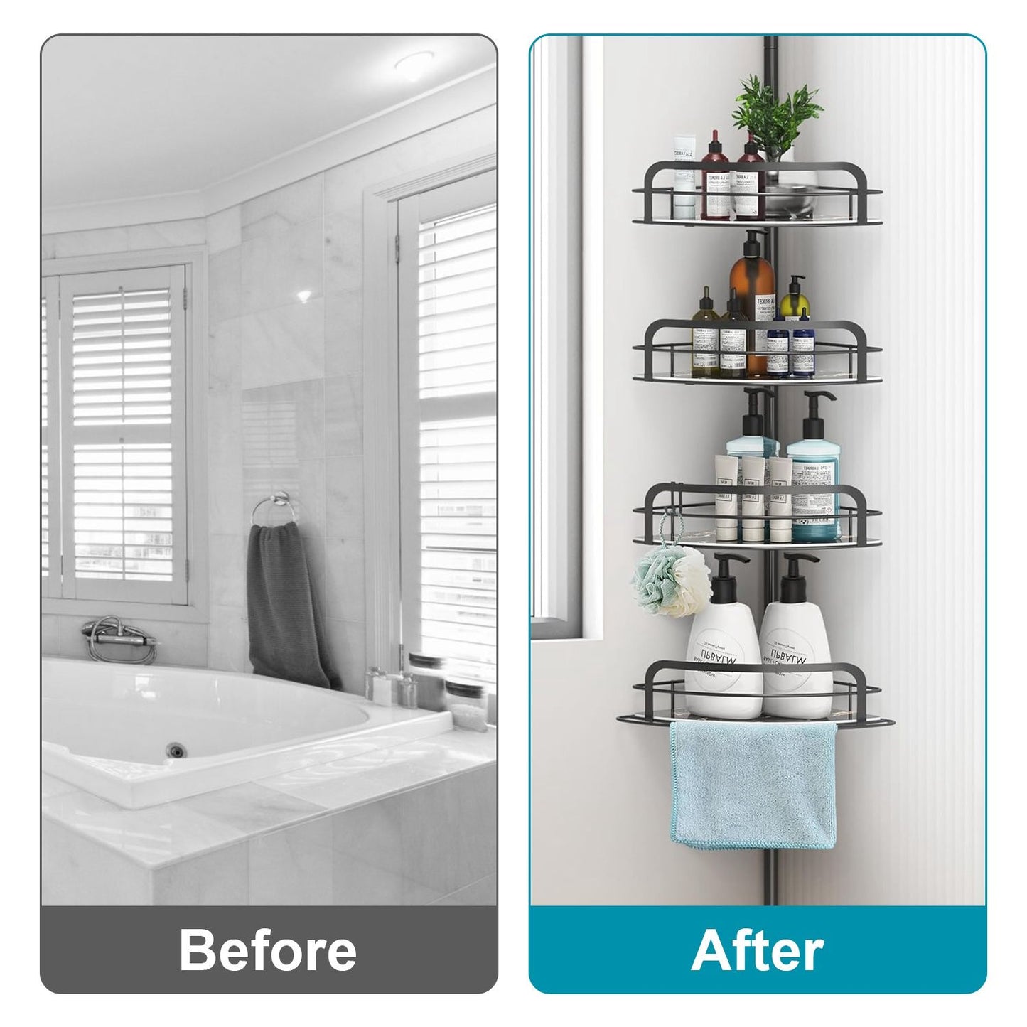 4-Tier Corner Shower Caddy Tension Pole, Adjustable Rust-Free Bathroom Organizer, Drill-Free, Black