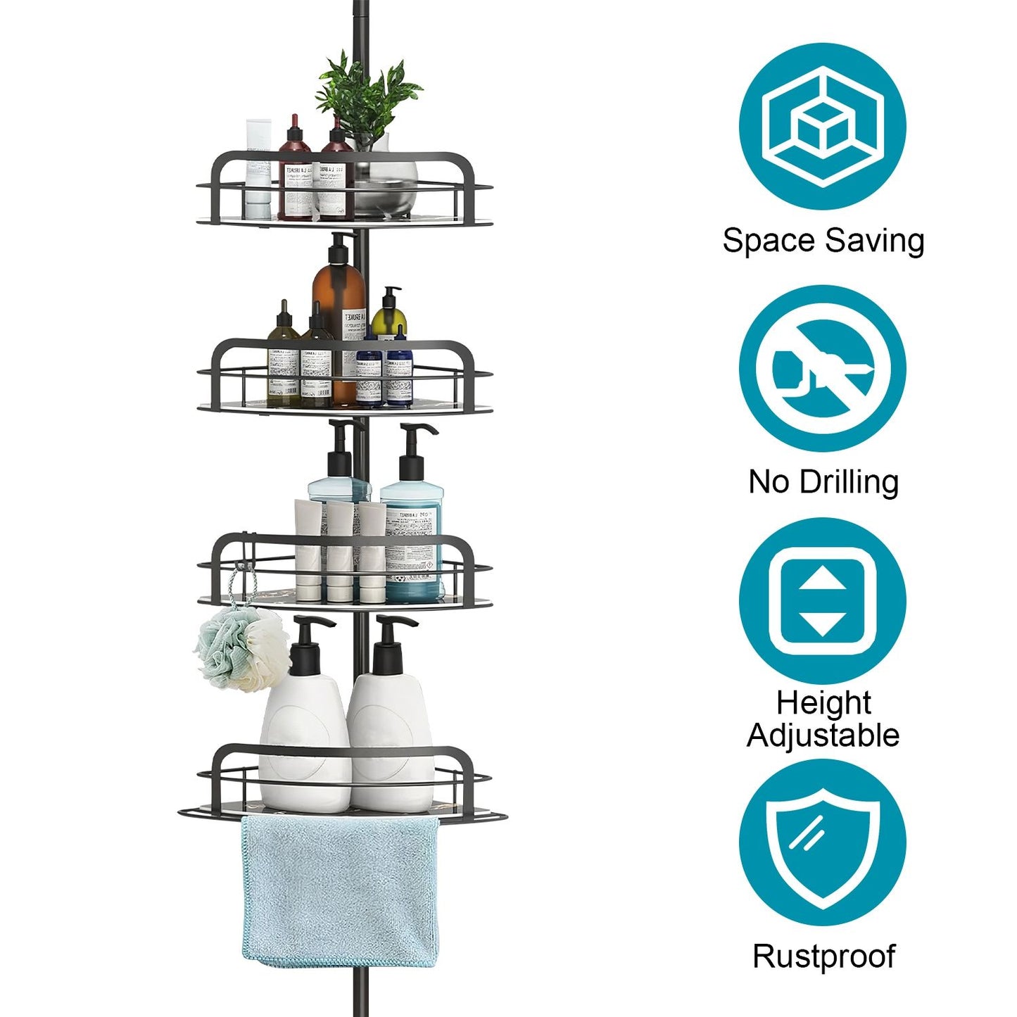 4-Tier Corner Shower Caddy Tension Pole, Adjustable Rust-Free Bathroom Organizer, Drill-Free, Black