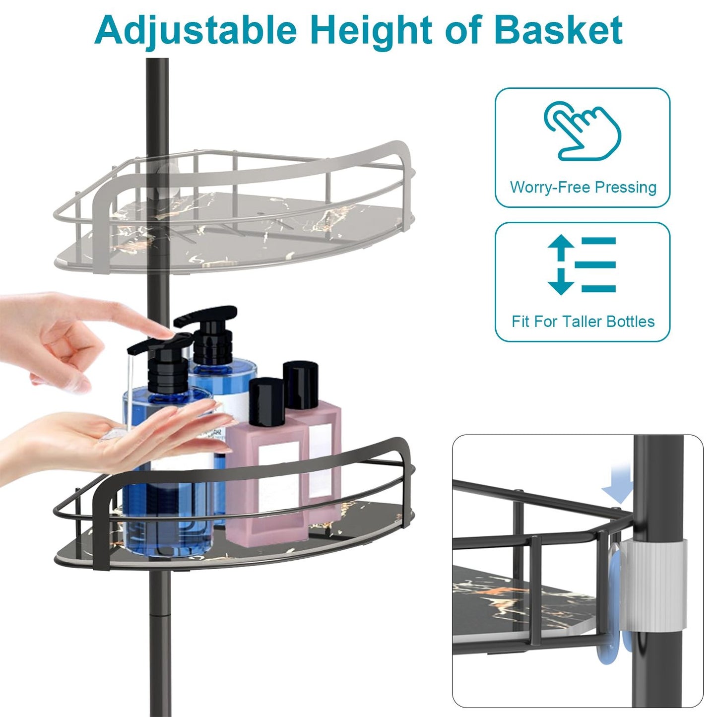 4-Tier Corner Shower Caddy Tension Pole, Adjustable Rust-Free Bathroom Organizer, Drill-Free, Black