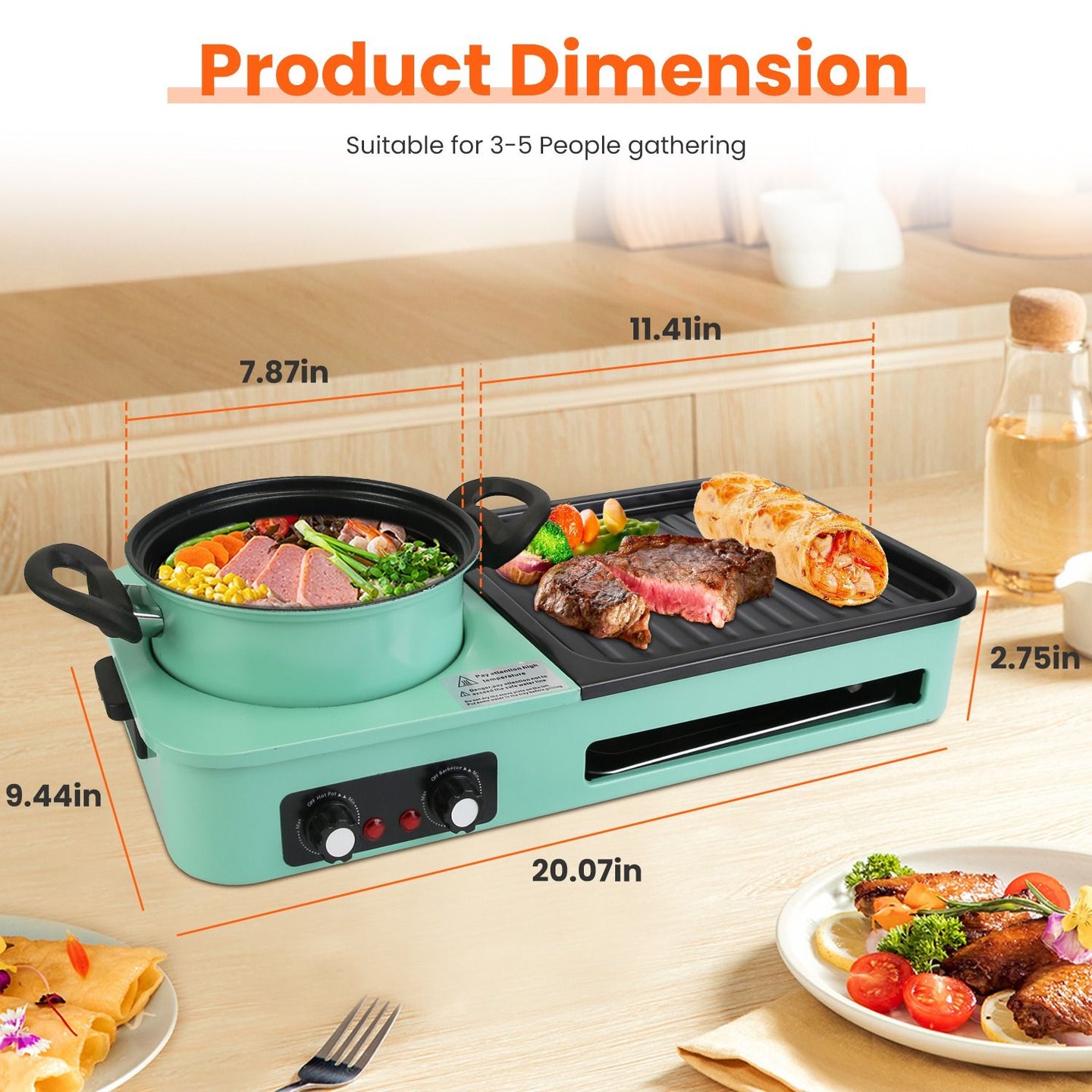 1600W Electric Hot Pot with Grill, 3-in-1 Smokeless Raclette BBQ, Nonstick Removable Plate, Dual Temp Control
