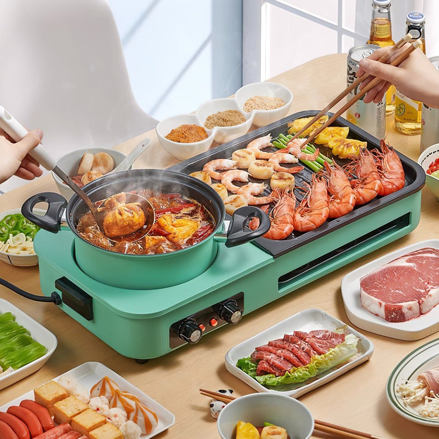 1600W Electric Hot Pot with Grill, 3-in-1 Smokeless Raclette BBQ, Nonstick Removable Plate, Dual Temp Control