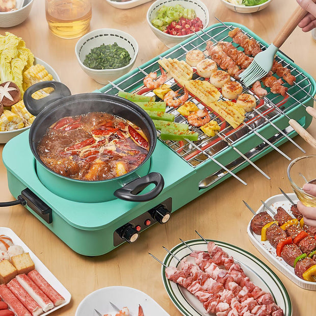 1600W Electric Hot Pot with Grill, 3-in-1 Smokeless Raclette BBQ, Nonstick Removable Plate, Dual Temp Control