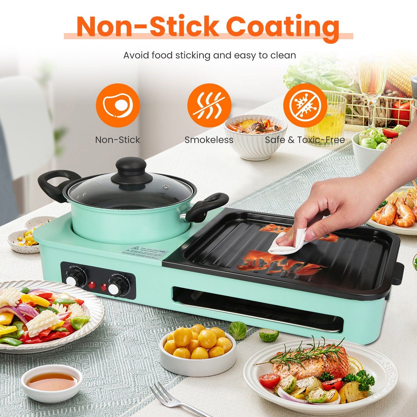 1600W Electric Hot Pot with Grill, 3-in-1 Smokeless Raclette BBQ, Nonstick Removable Plate, Dual Temp Control