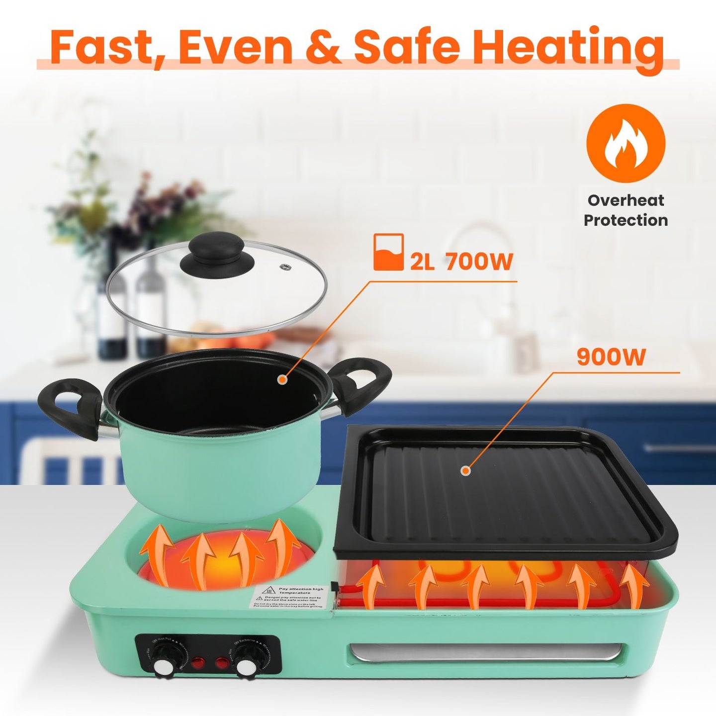 1600W Electric Hot Pot with Grill, 3-in-1 Smokeless Raclette BBQ, Nonstick Removable Plate, Dual Temp Control