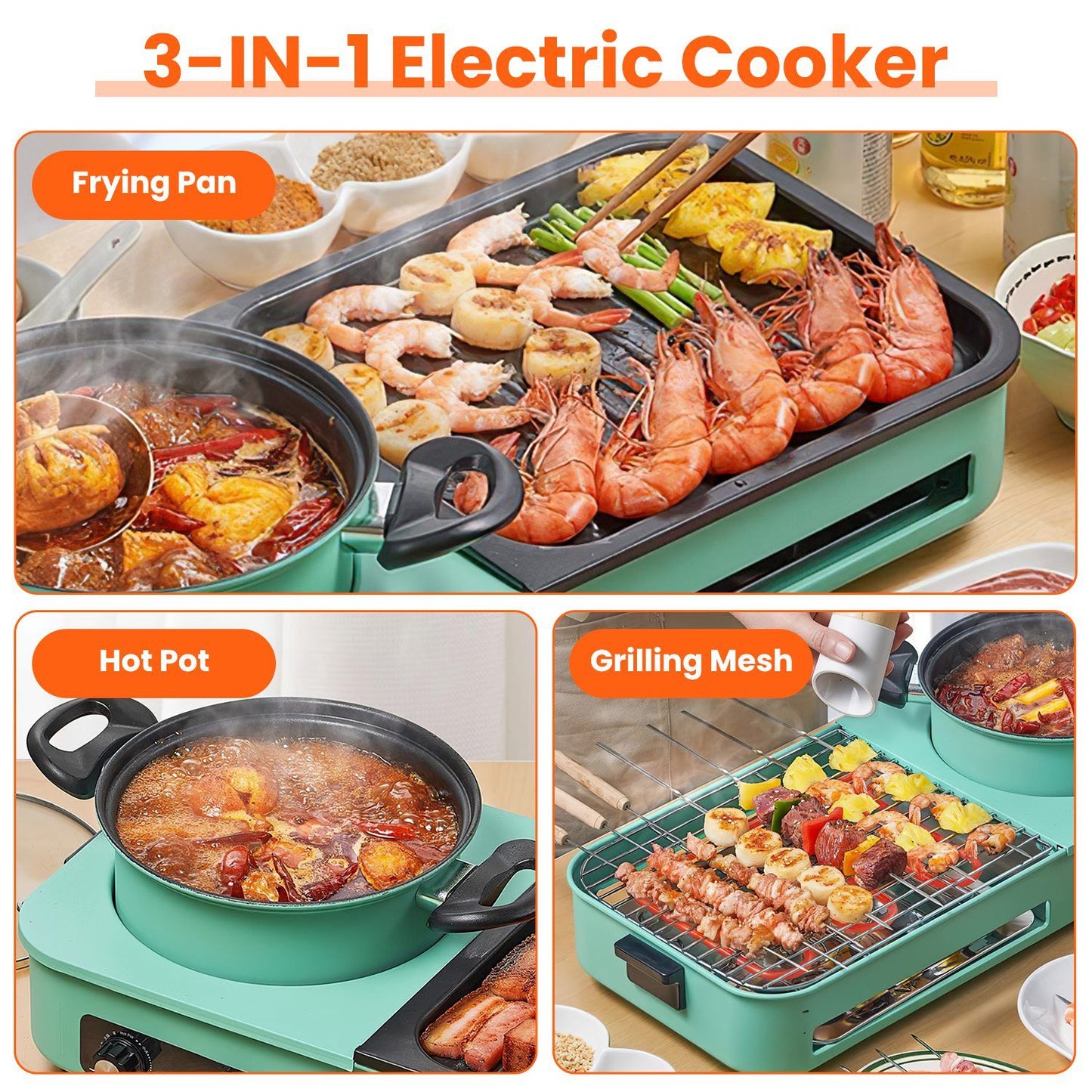 1600W Electric Hot Pot with Grill, 3-in-1 Smokeless Raclette BBQ, Nonstick Removable Plate, Dual Temp Control