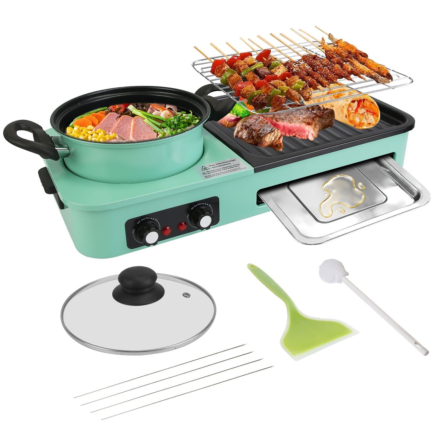 1600W Electric Hot Pot with Grill, 3-in-1 Smokeless Raclette BBQ, Nonstick Removable Plate, Dual Temp Control