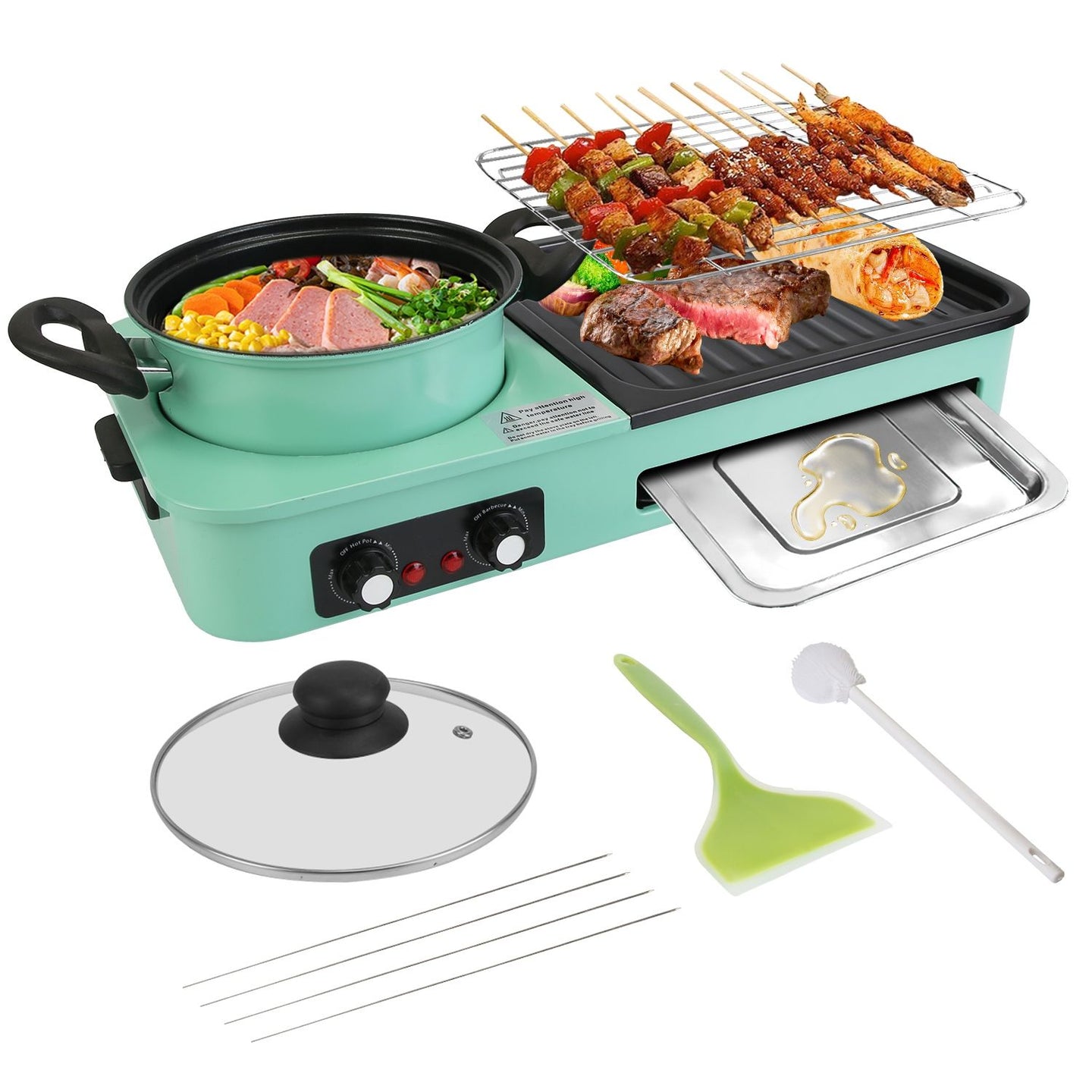 1600W Electric Hot Pot with Grill, 3-in-1 Smokeless Raclette BBQ, Nonstick Removable Plate, Dual Temp Control
