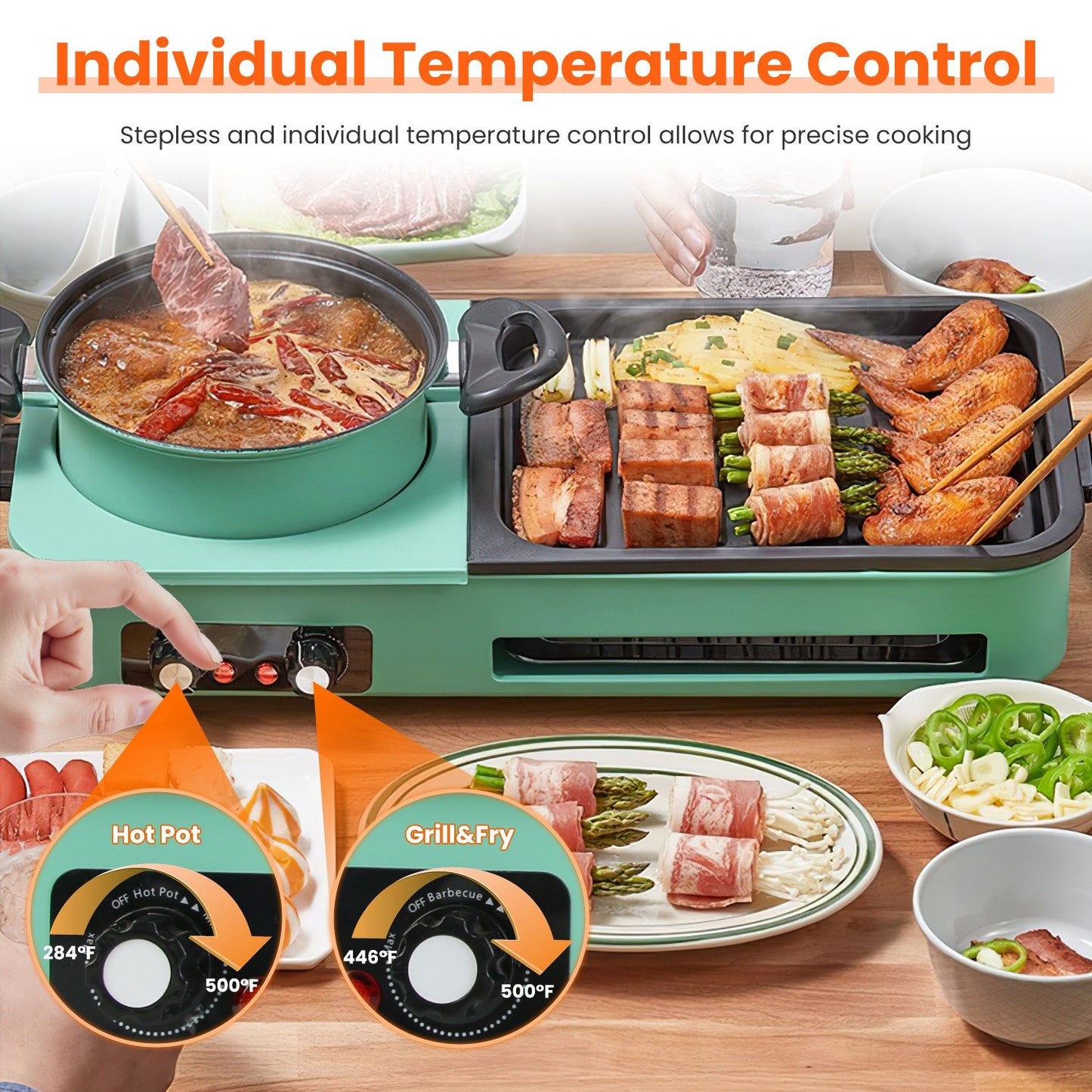1600W Electric Hot Pot with Grill, 3-in-1 Smokeless Raclette BBQ, Nonstick Removable Plate, Dual Temp Control