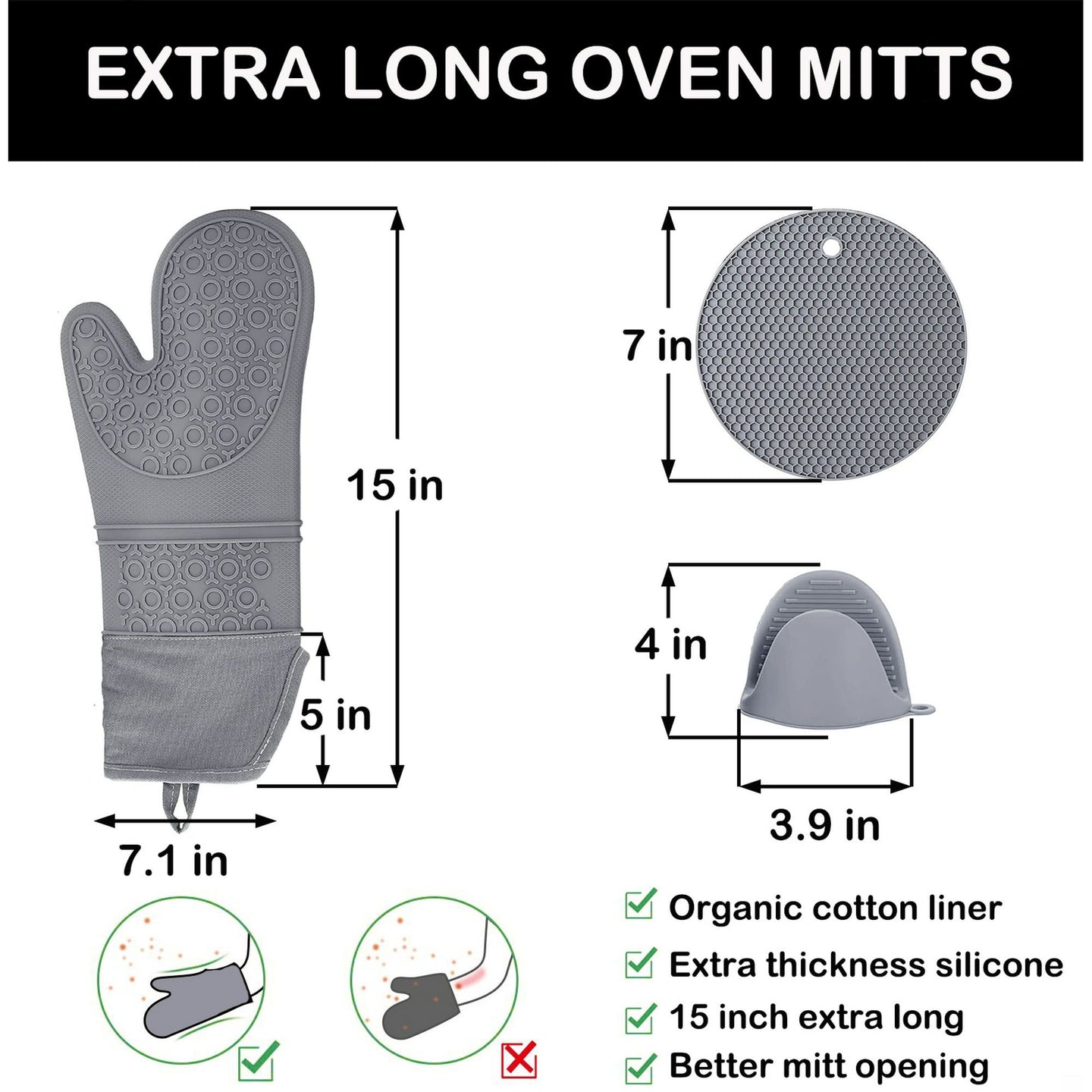 6-Piece Silicone Oven Mitts & Pot Holders Set – Heat Resistant, Non-Slip, Extra-Long, Gray