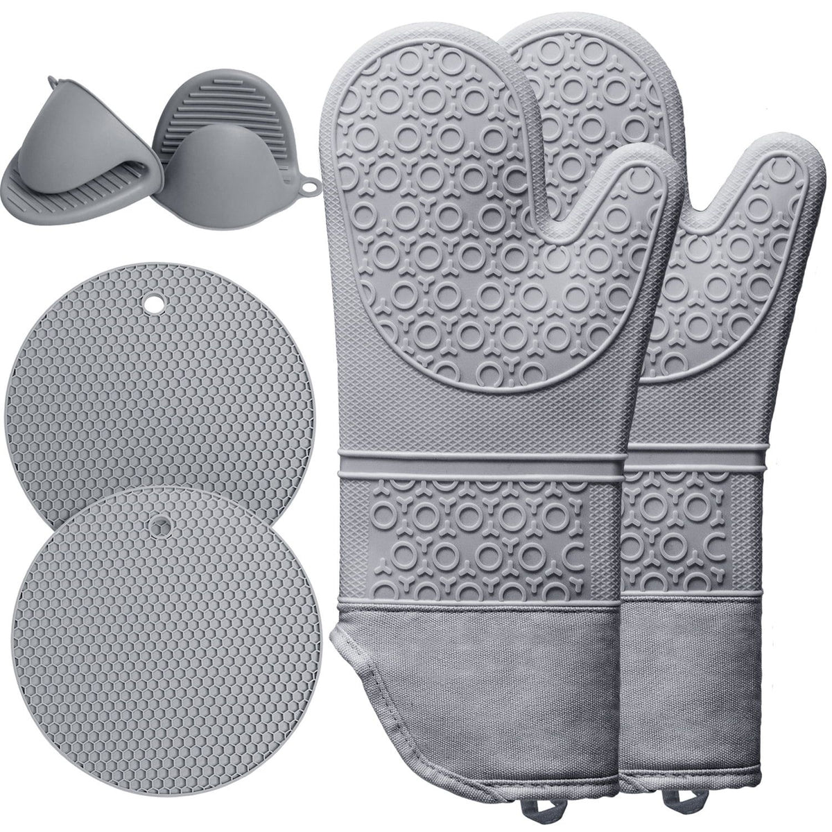 6-Piece Silicone Oven Mitts & Pot Holders Set – Heat Resistant, Non-Slip, Extra-Long, Gray