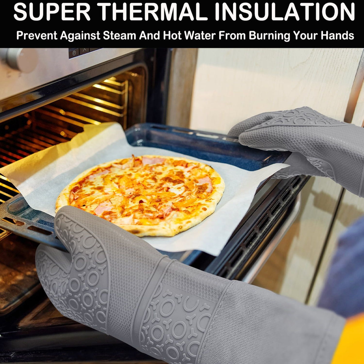 6-Piece Silicone Oven Mitts & Pot Holders Set – Heat Resistant, Non-Slip, Extra-Long, Gray