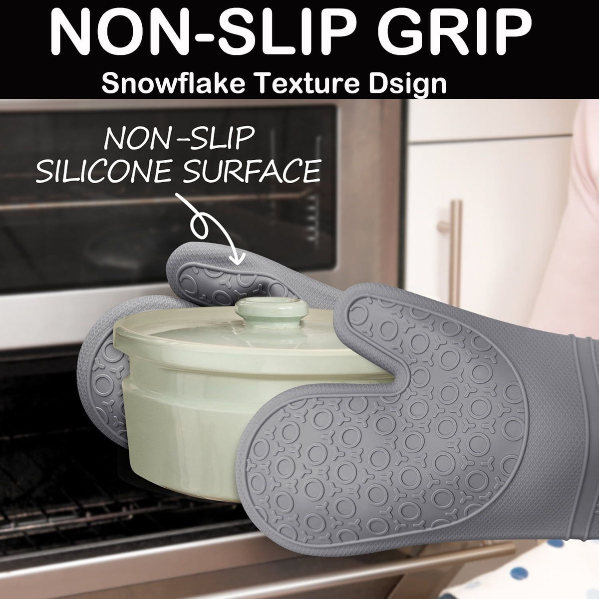 6-Piece Silicone Oven Mitts & Pot Holders Set – Heat Resistant, Non-Slip, Extra-Long, Gray