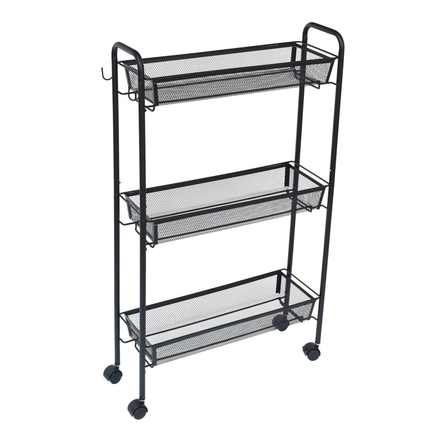 Slim 3-Tier Rolling Bathroom Storage Cart with Hooks – Black