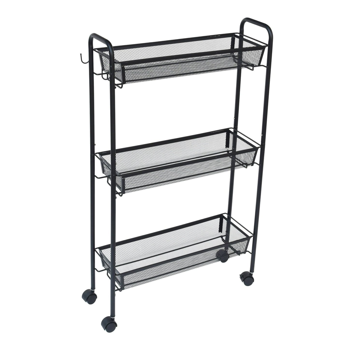 Slim 3-Tier Rolling Bathroom Storage Cart with Hooks – Black
