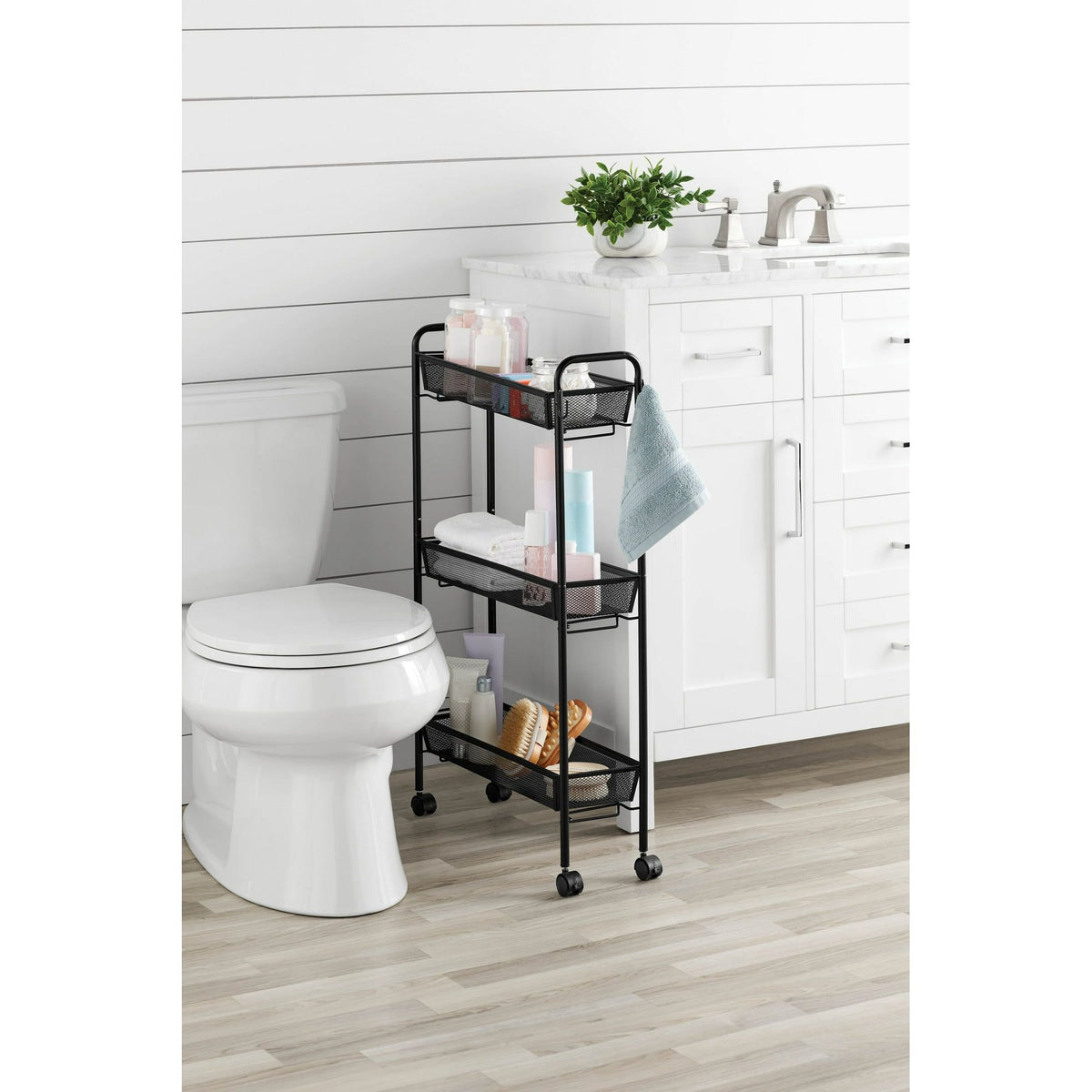 Slim 3-Tier Rolling Bathroom Storage Cart with Hooks – Black