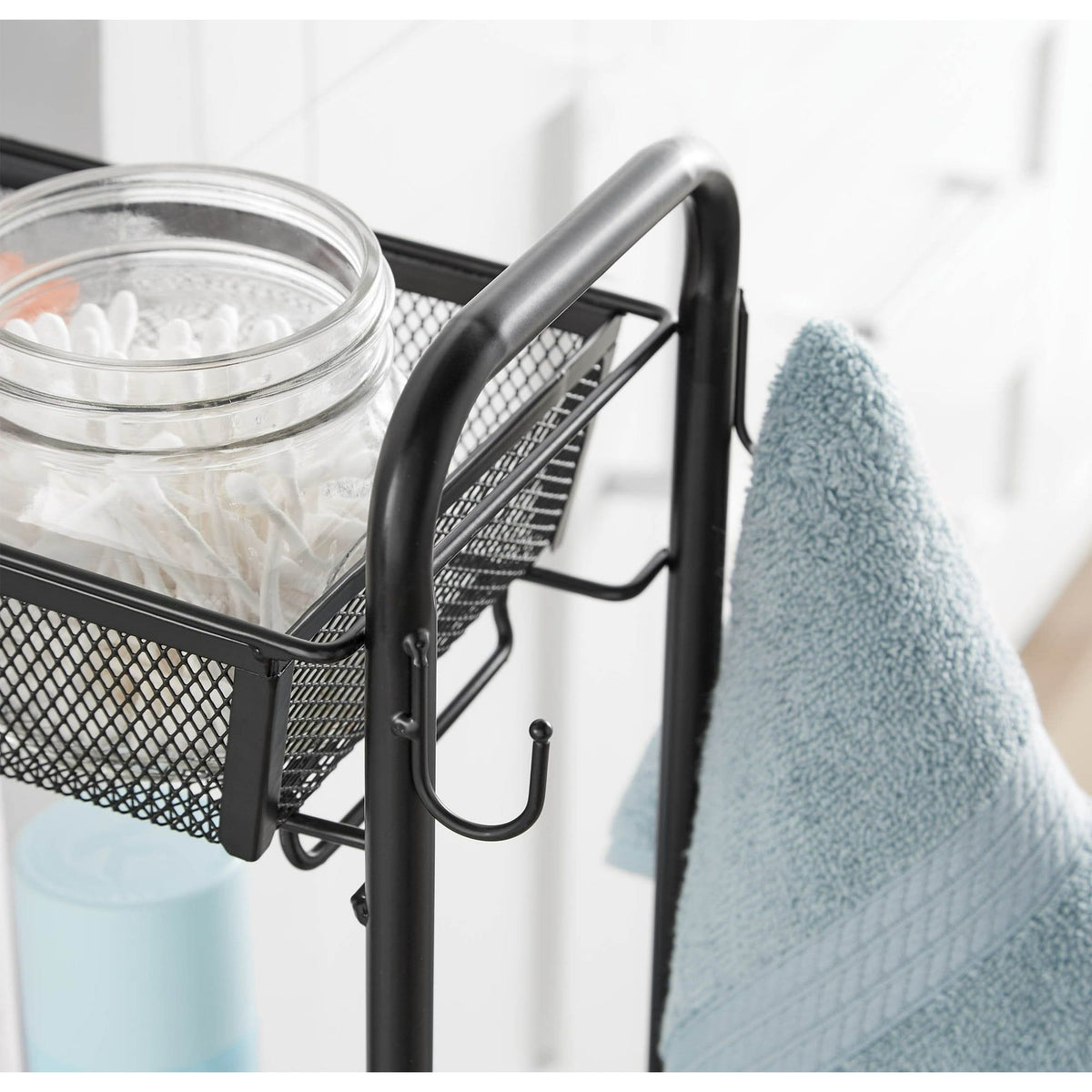 Slim 3-Tier Rolling Bathroom Storage Cart with Hooks – Black